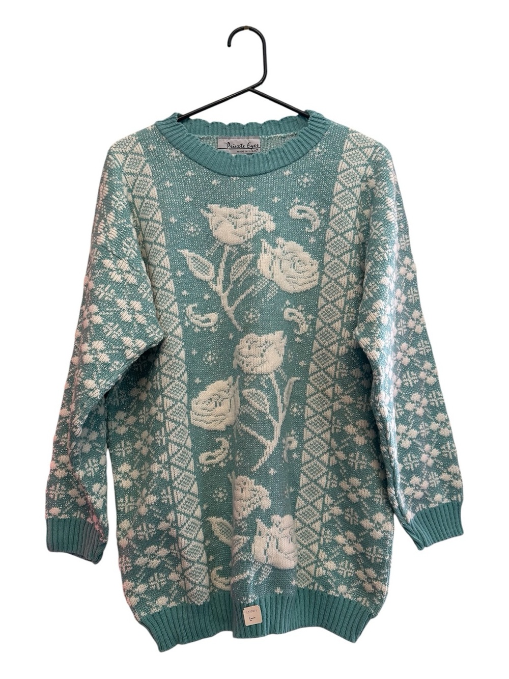 NWT Vintage 80s/90s Private Eyes Teal and White Rose Crewneck Sweater Large